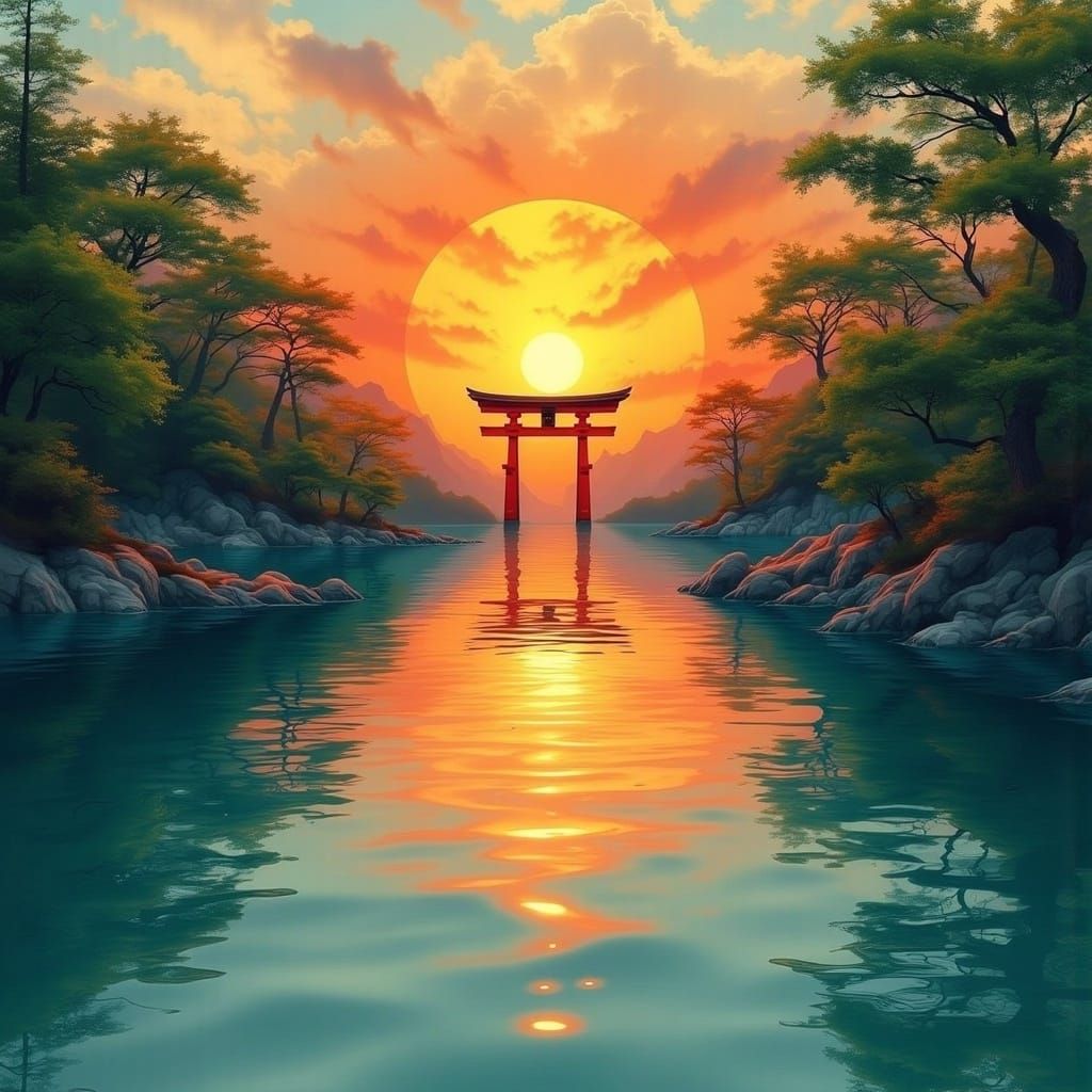 Ancient Torii Gate Rises Amidst Morning Glory