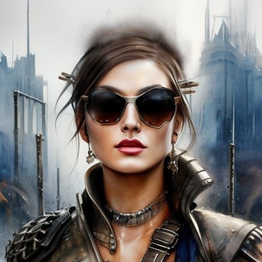 Futuristic Barbarian Woman in Apocalyptic Setting, Watercolo...