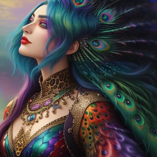 Ethereal Woman with Dragon Scales and Peacock Hair