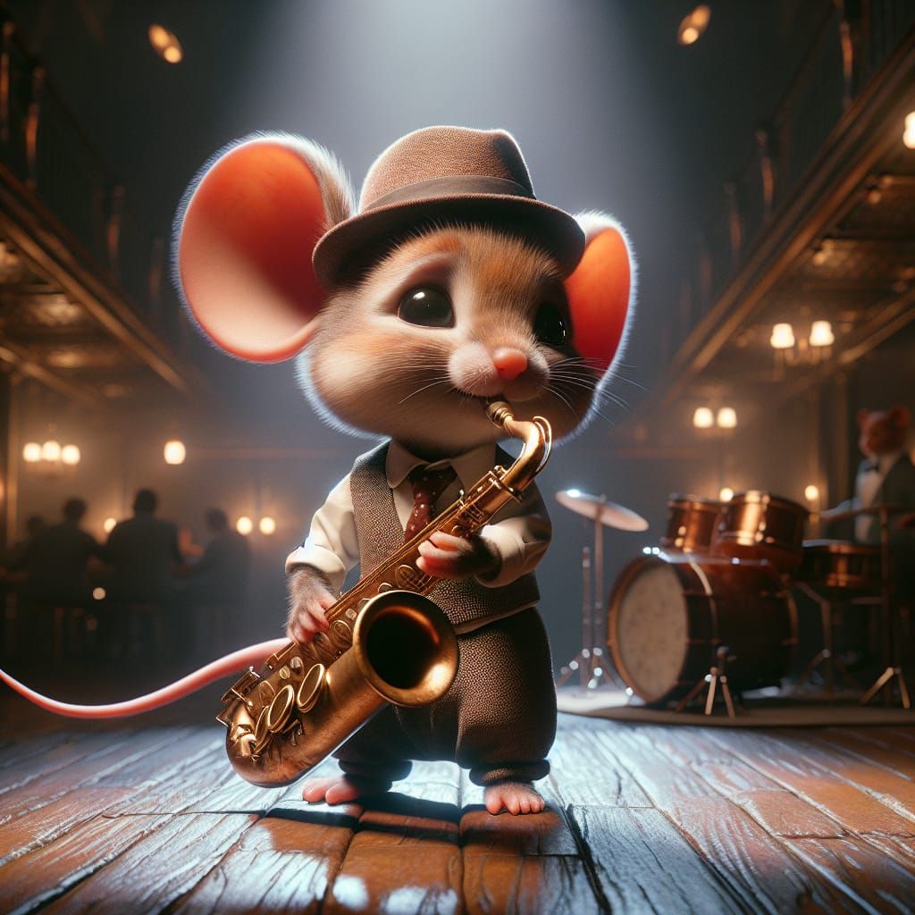 Adorable baby mouse mastering the saxophone in a dimly lit j...