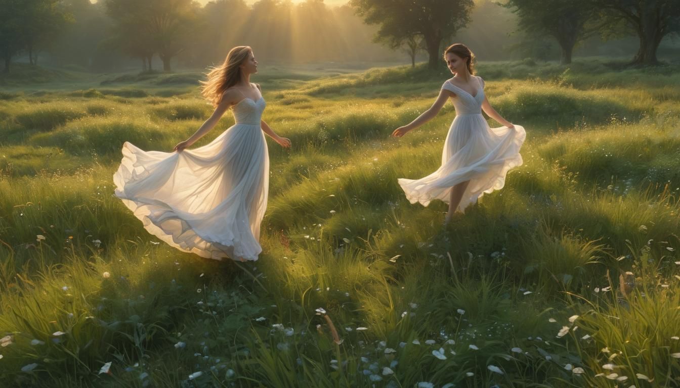 Ethereal Woman Dancing in Meadow at Sunrise