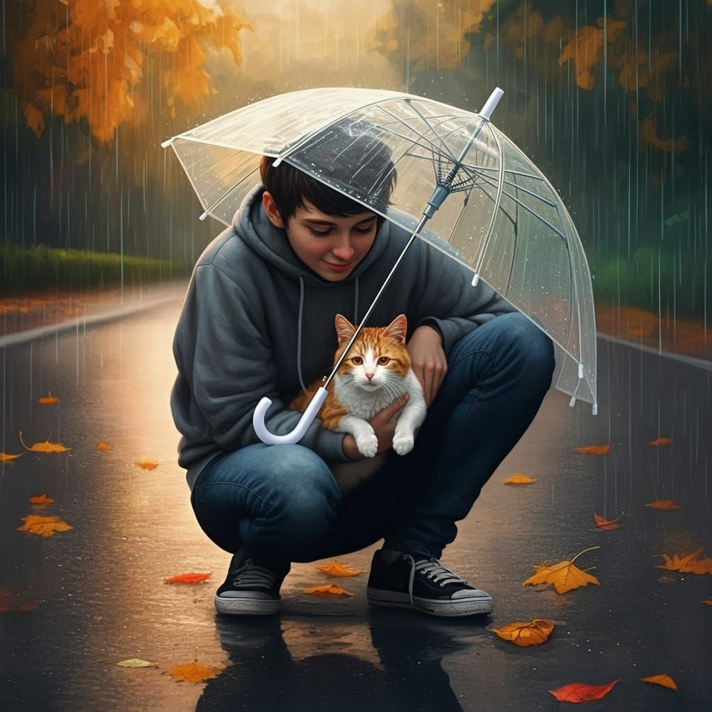 Warmth Under a Rainy Umbrella in a Cozy Autumn Landscape