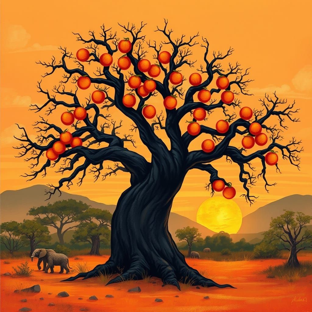 African Sunset with Baobab Tree and Glowing Oranges