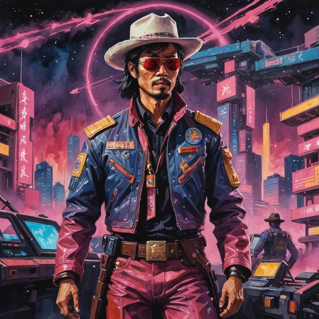 East Asian Space Cowboy in Gouache Style