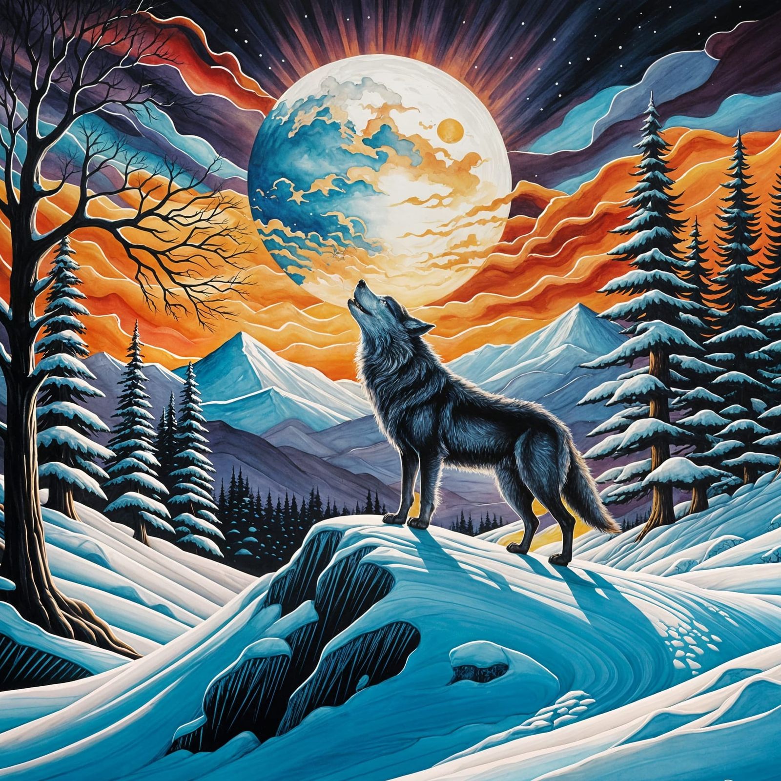 Lone Wolf Howling at Moon in Impasto Style