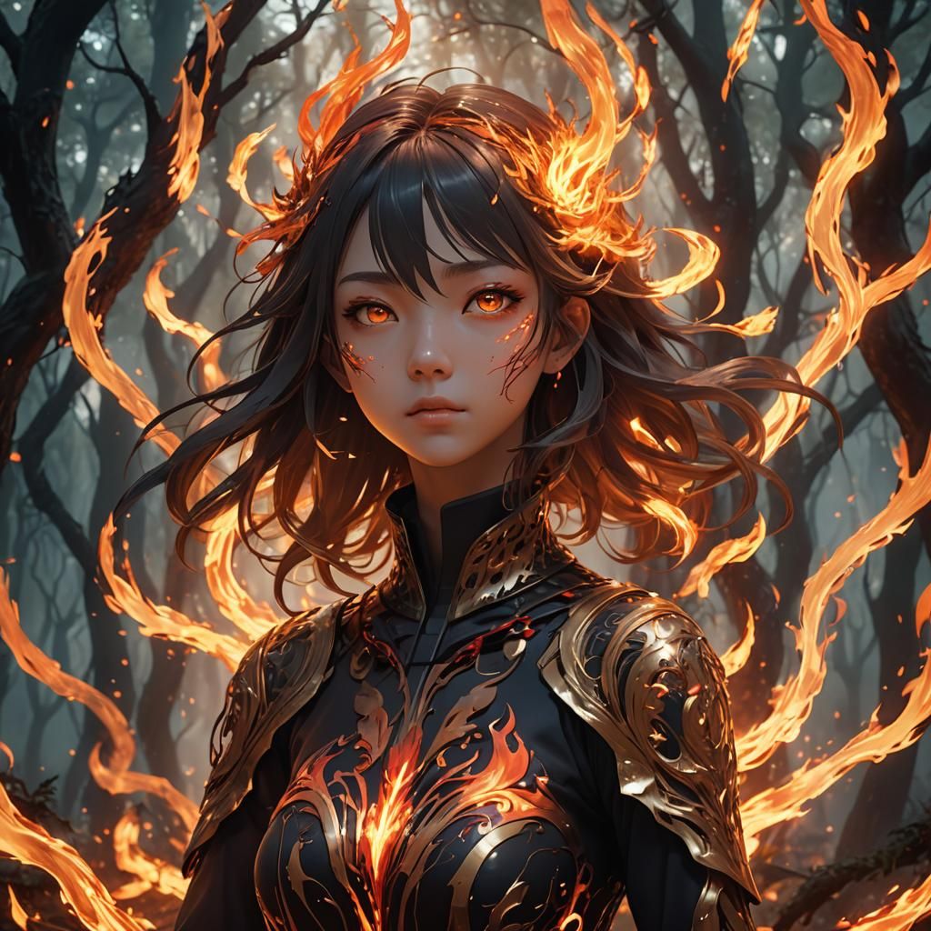 Fiery Anime Girl in Mystical Forest