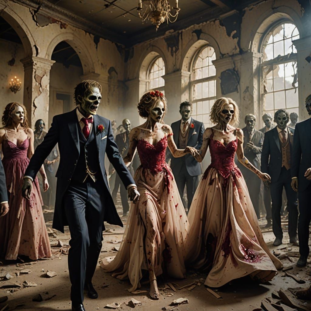 Zombies in Formal Wear Dance in Ruined Hall