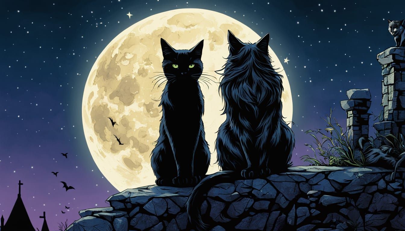 Witch and Cat Gazing at Starry Moon: Comic Book Art
