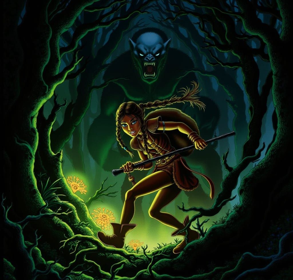 Woman Seeks Herbs in Dark Woods as Predator Stalks