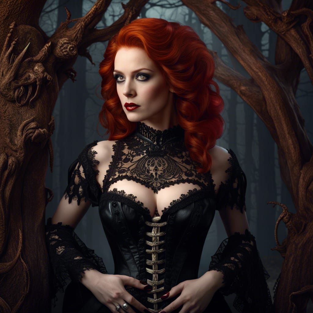 Gothic Vampire with Skeletons in Forest