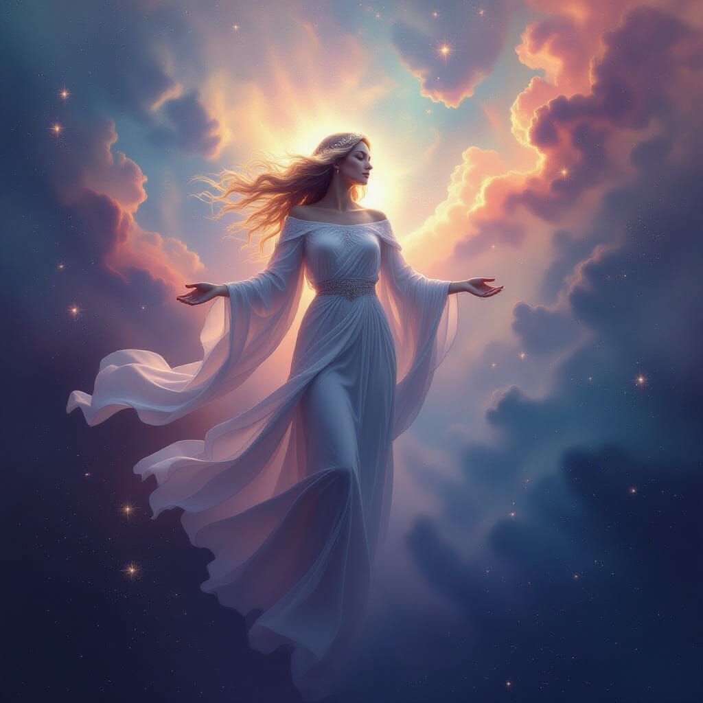 Majestic Celestial Being in Vibrant Nebula Oil Painting