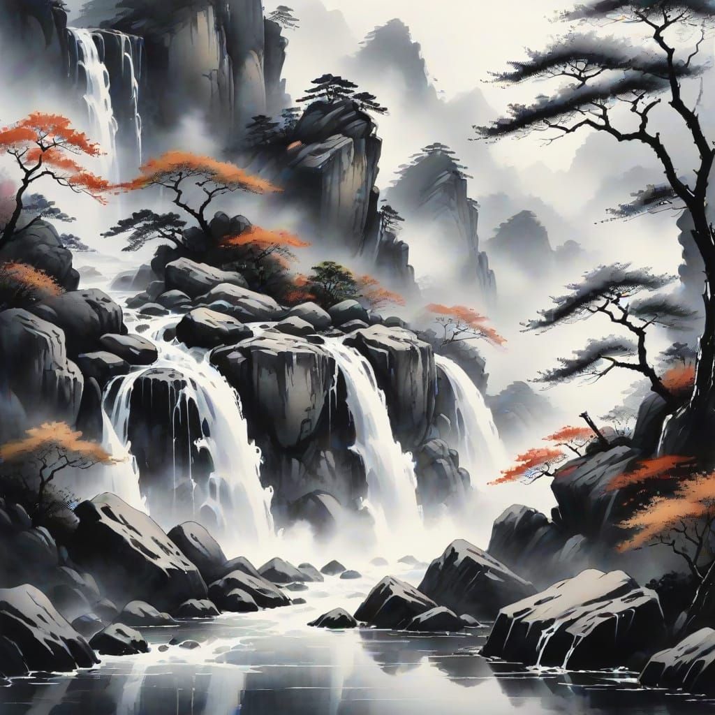 Majestic Waterfall in Sumi-e Ink Painting Style