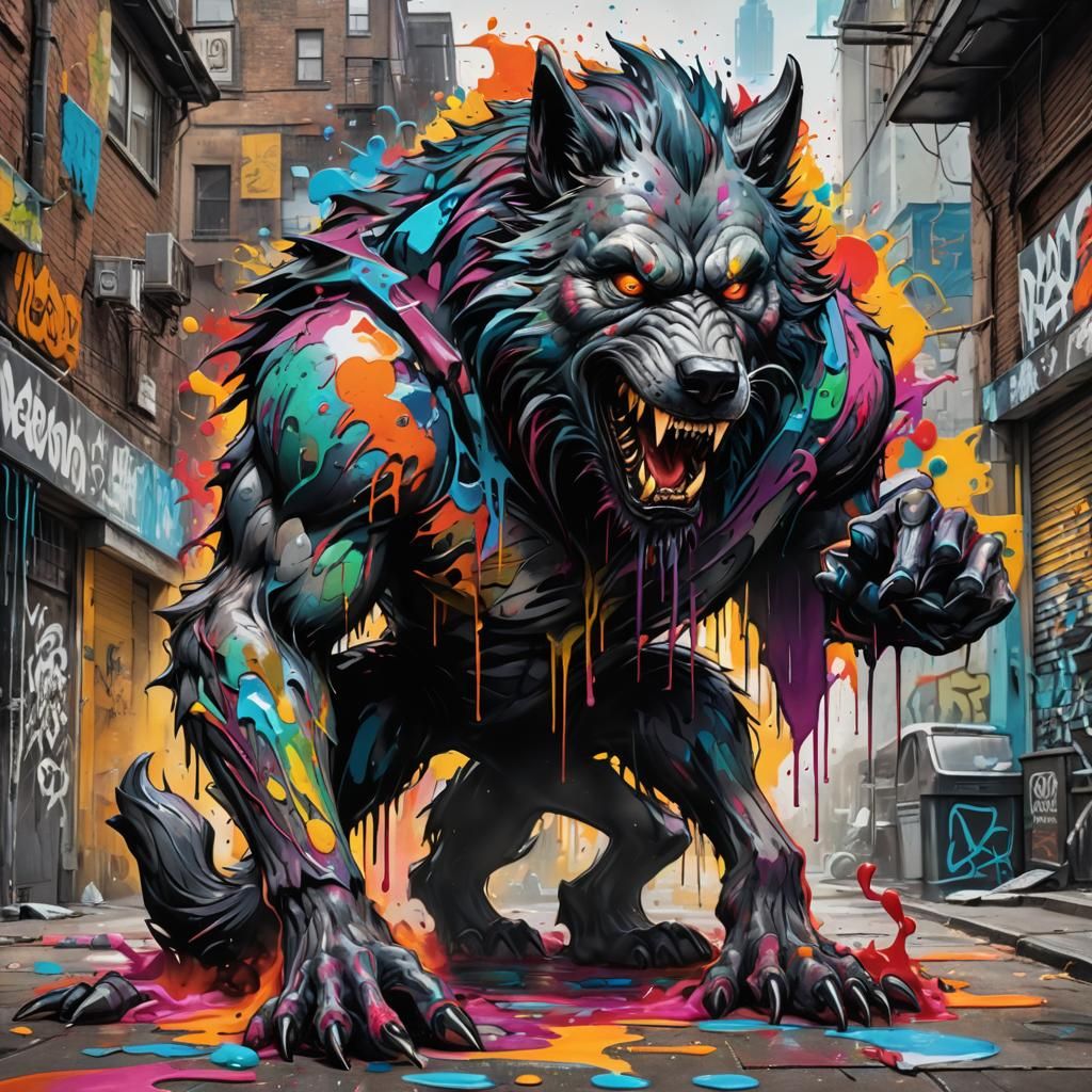 Werewolf Graffiti Art in Cityscape