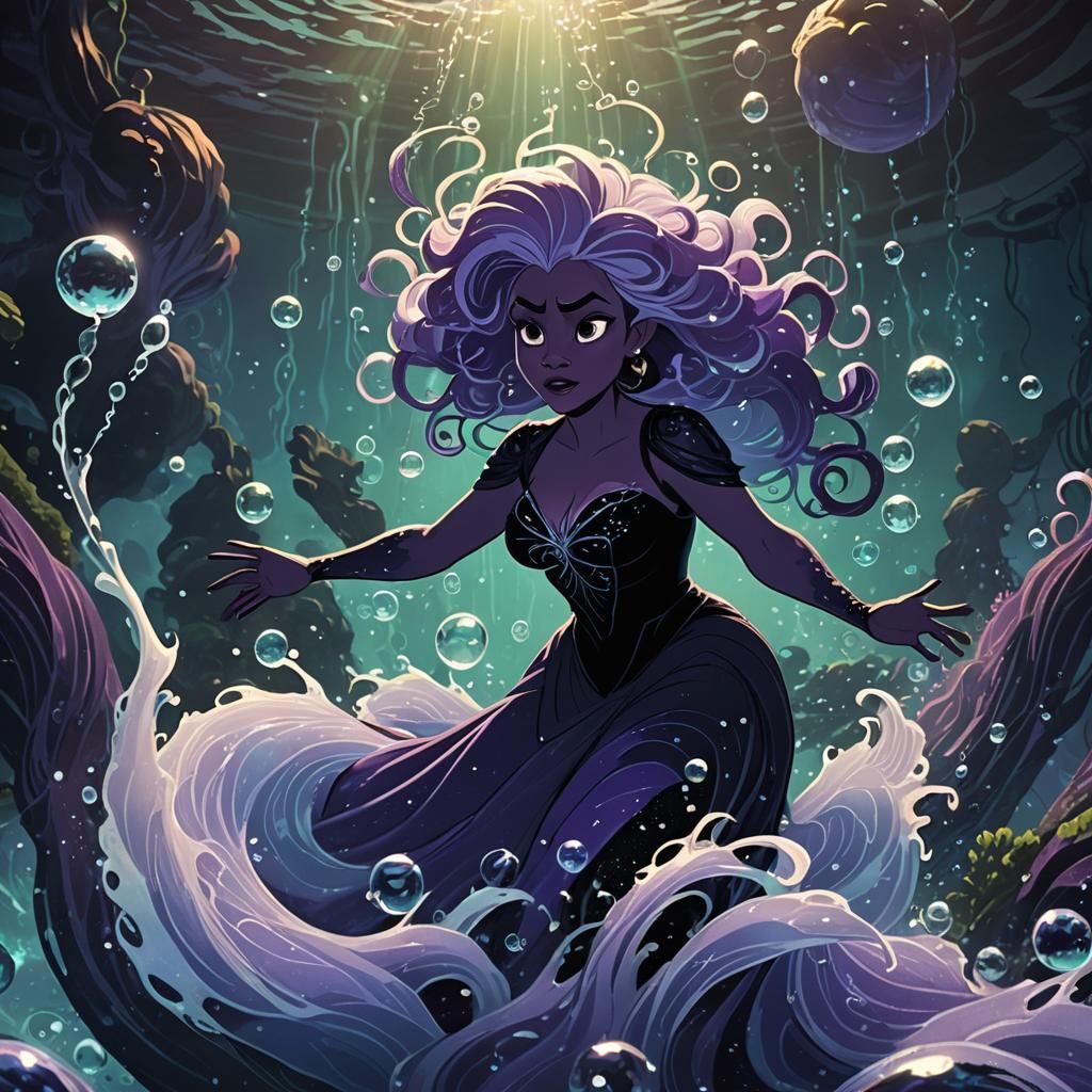Ursula in Swirling Water: Disney Animation Style