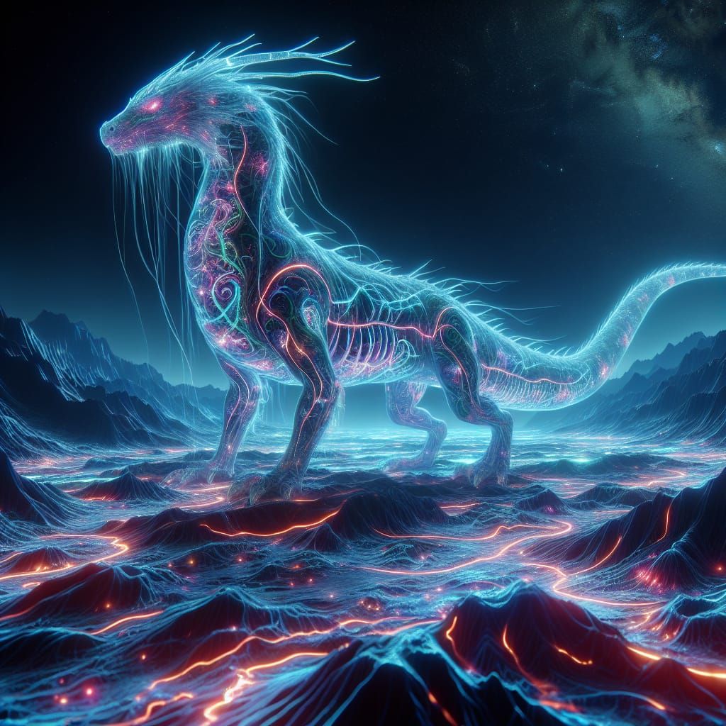 Bioluminescent Dragon in Alien Valley Landscape