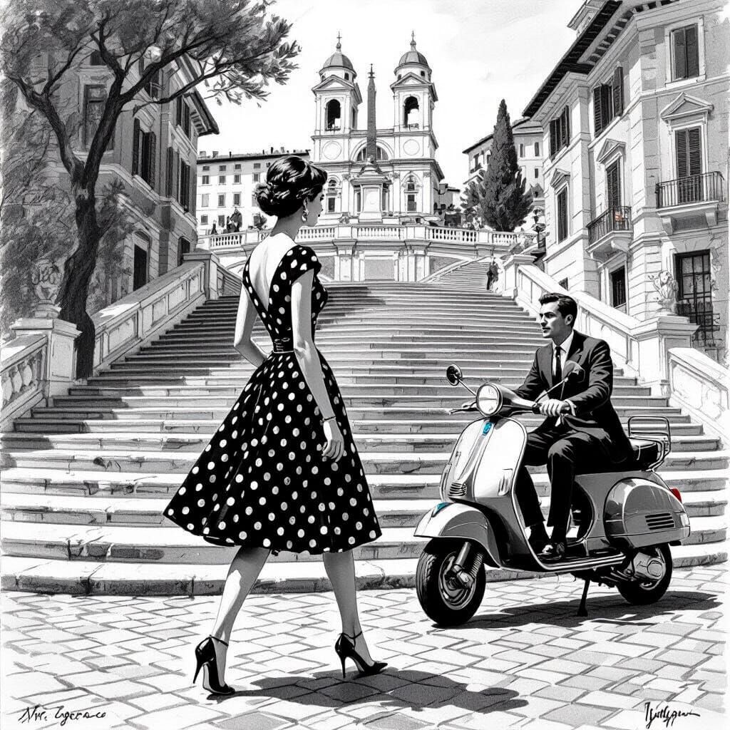 Italian Model Near Spanish Steps, Charcoal Drawing