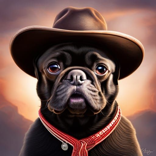 Black Pug in Cowboy Hat: Hyperrealistic HDR Portrait