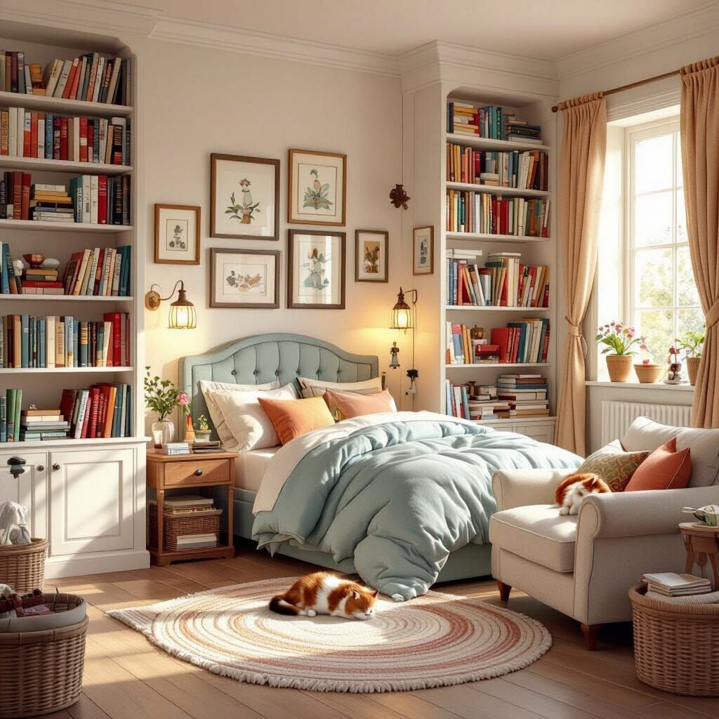 Cozy Organized Bedroom with Bookshelf and Cat