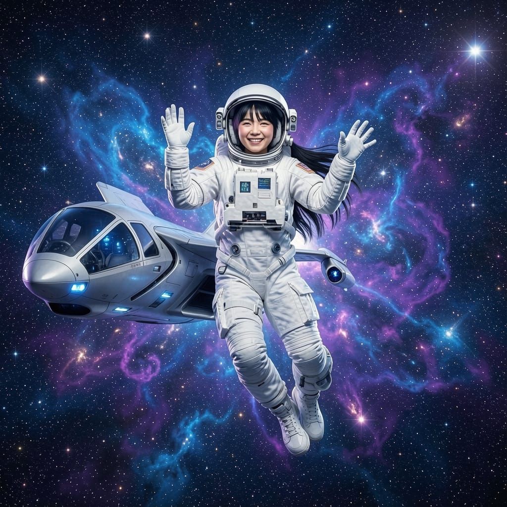 Girl in Spacesuit Waves from Futuristic Spaceship