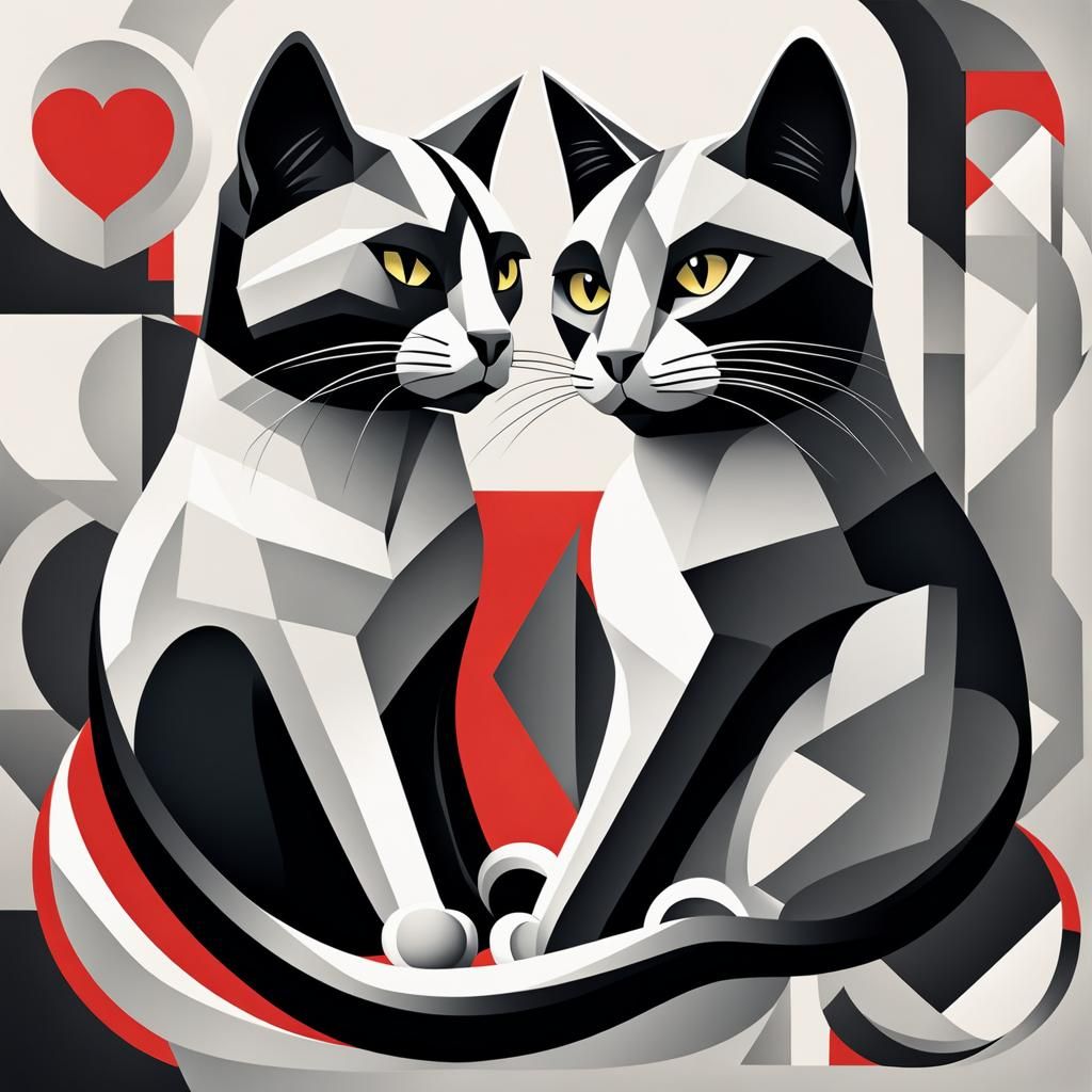 Cubist Cats Form Heart in Geometric Art Deco Style