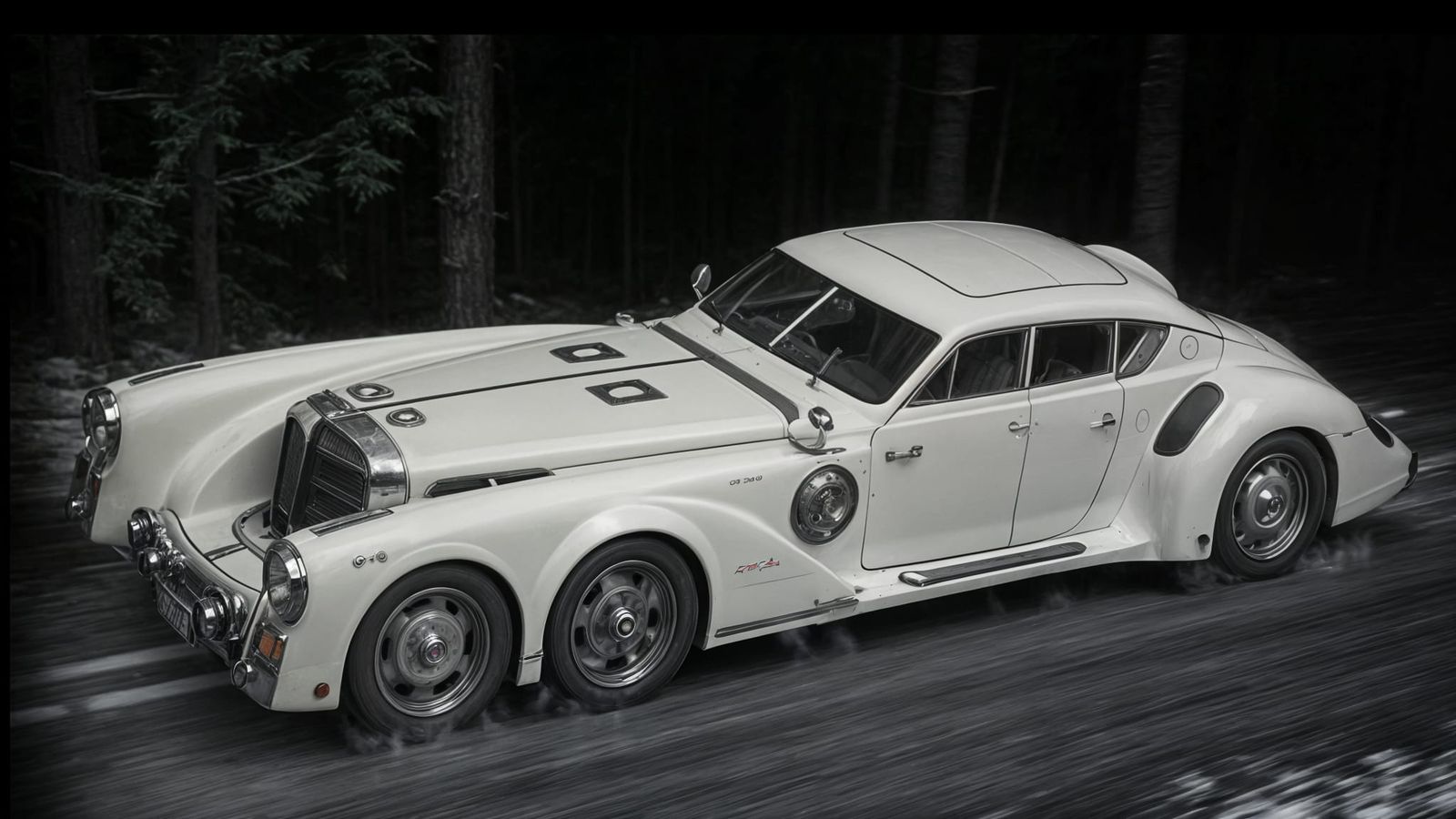 Retro Steampunk Supercar Speeds Through Snowy Night