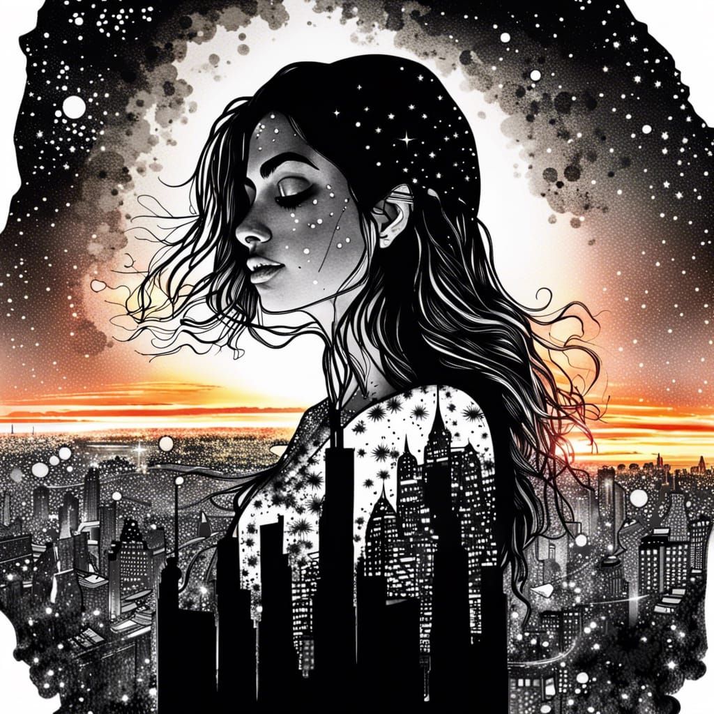 Double Exposure: Woman, City, Sunset, and Galaxies