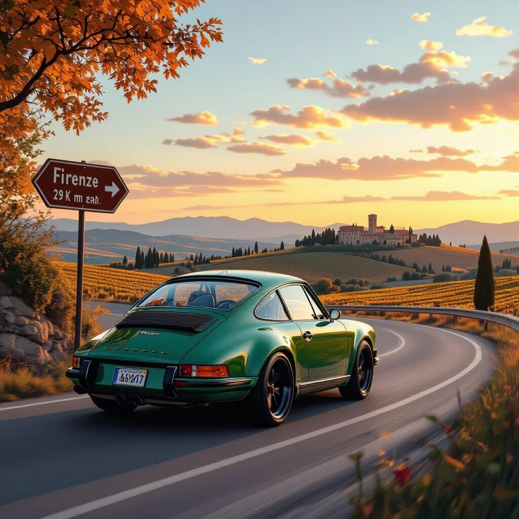 Porsche 911 on Tuscany Roads in Impressionist Style