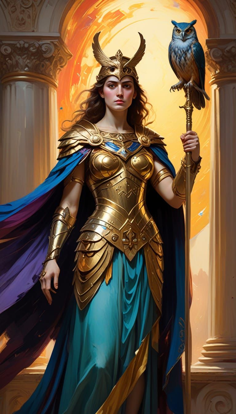 Vibrant Portrait of Athena in Elegant Armor