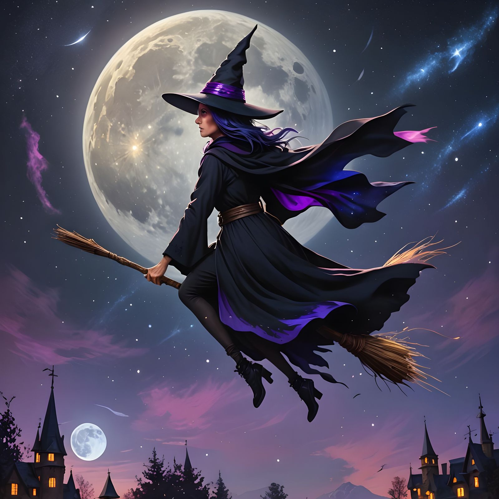 Witch on Broomstick Flying Before a Full Moon