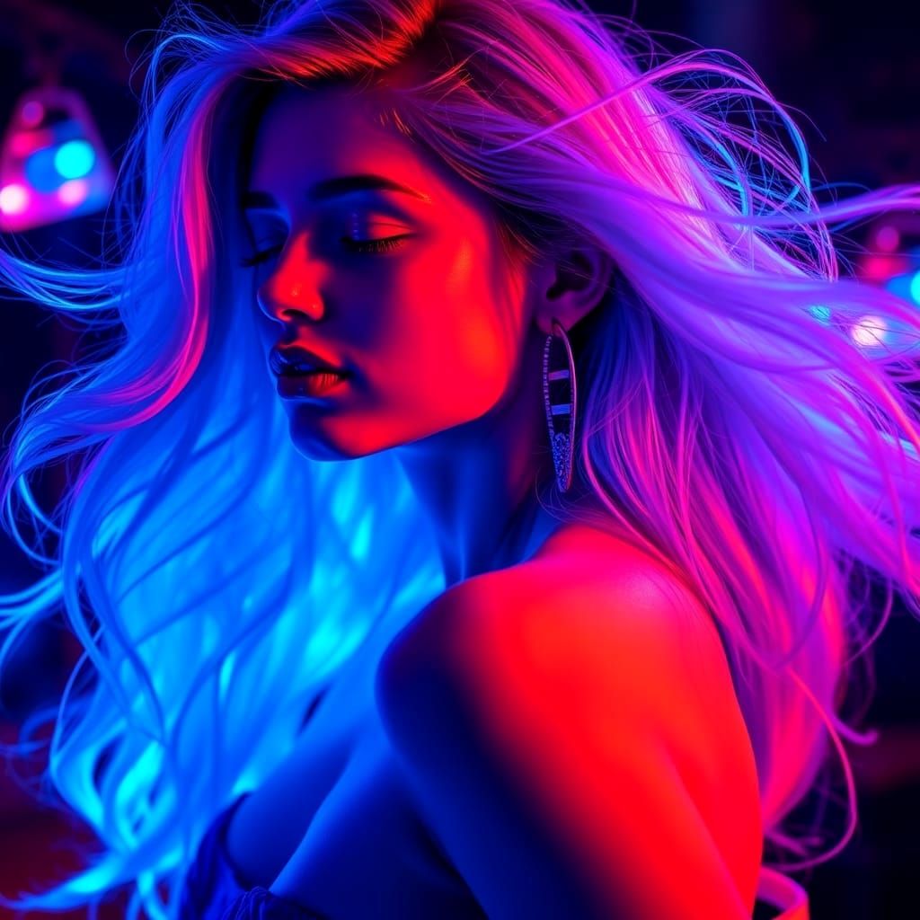 Ecstatic Woman Dancing with Neon Glow Hair