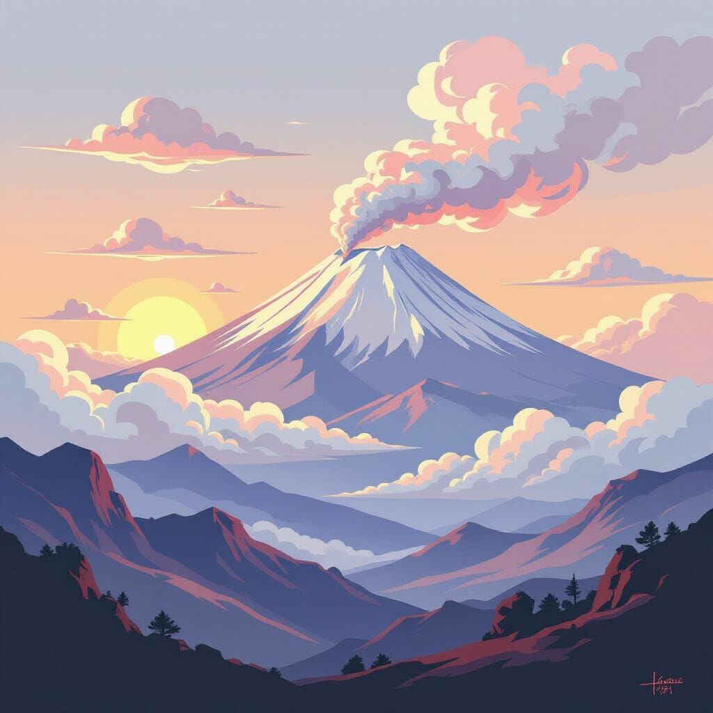 Surreal Mexican Landscape with Popocatépetl in Folk Art Styl...