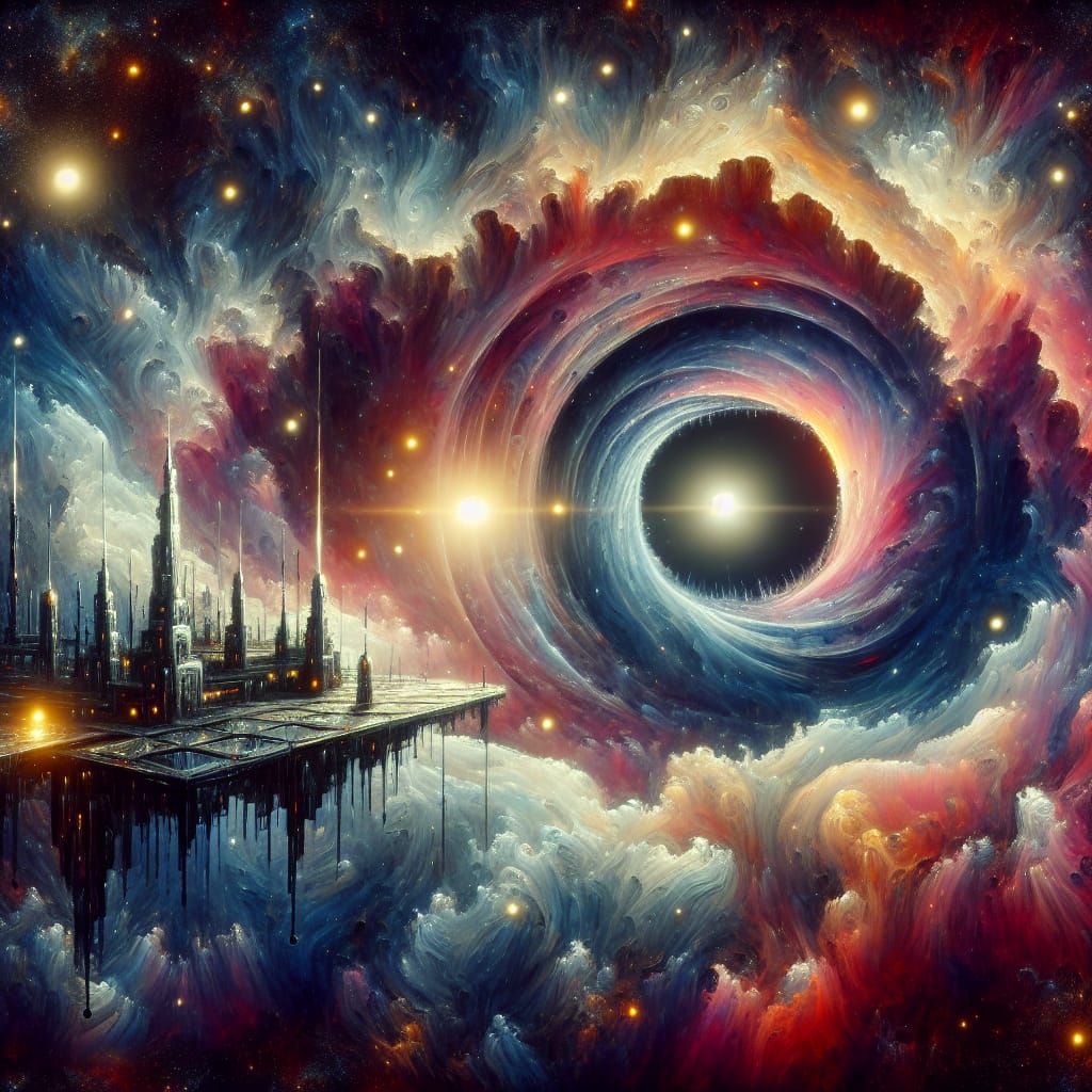 Space Station and Wormhole in Impasto Style