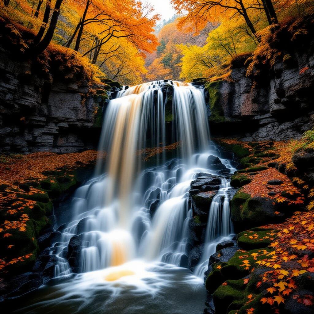 Autumn Leaves Waterfall in Hyperrealistic HDR Style