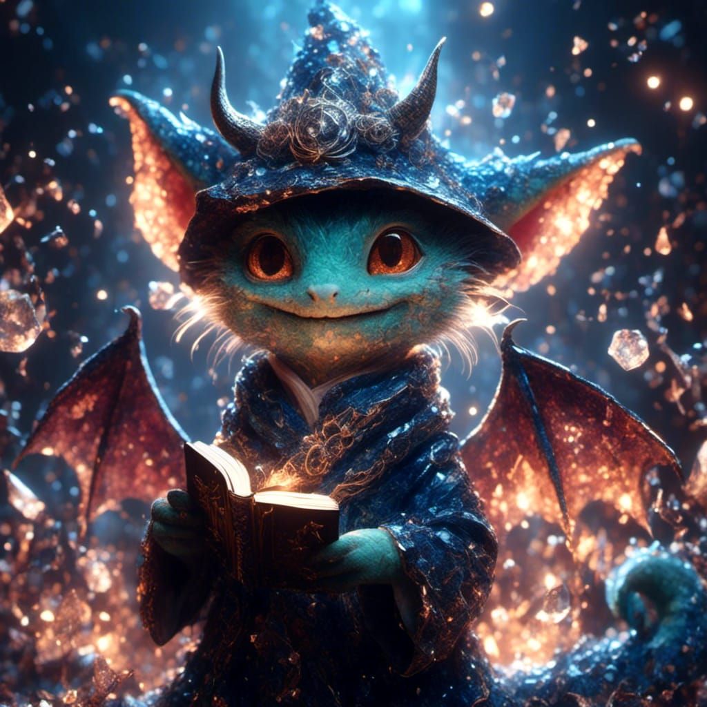 Cute Magical Dragon with Wand in Cosmic Scene