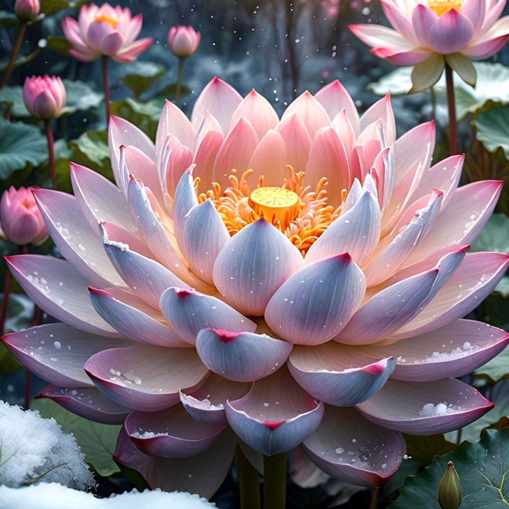 Stunning Brahma Lotus Flower in a Snowy Garden