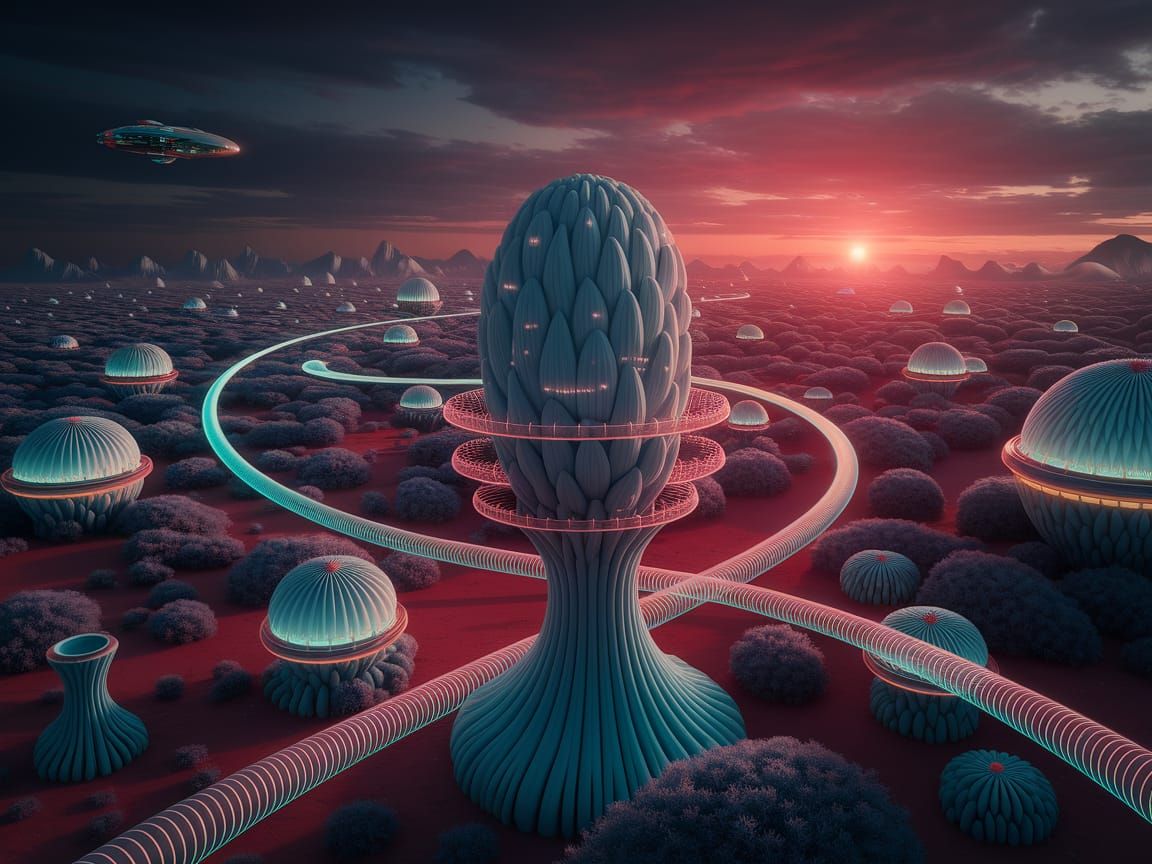 Alien Planet: Bioluminescent City in Synthwave Style