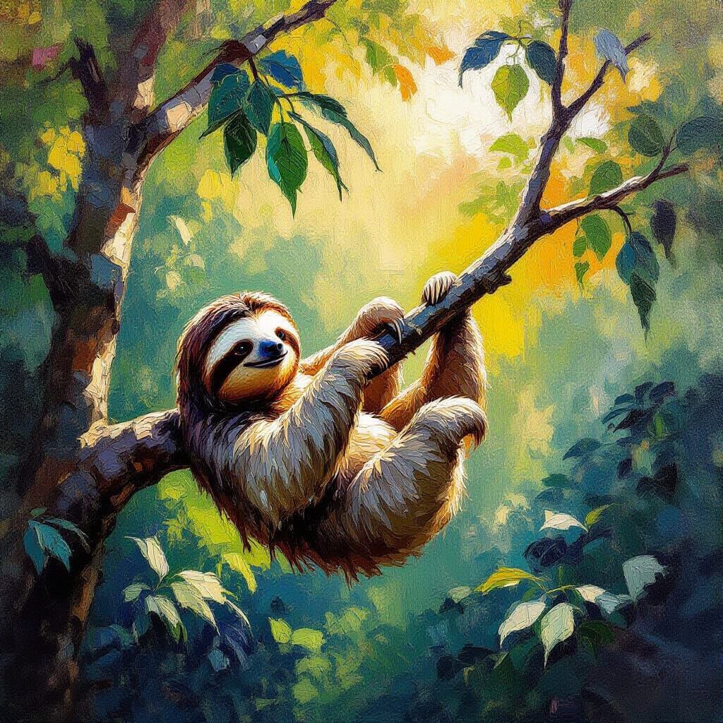 Impressionist Sloth in Tropical Jungle