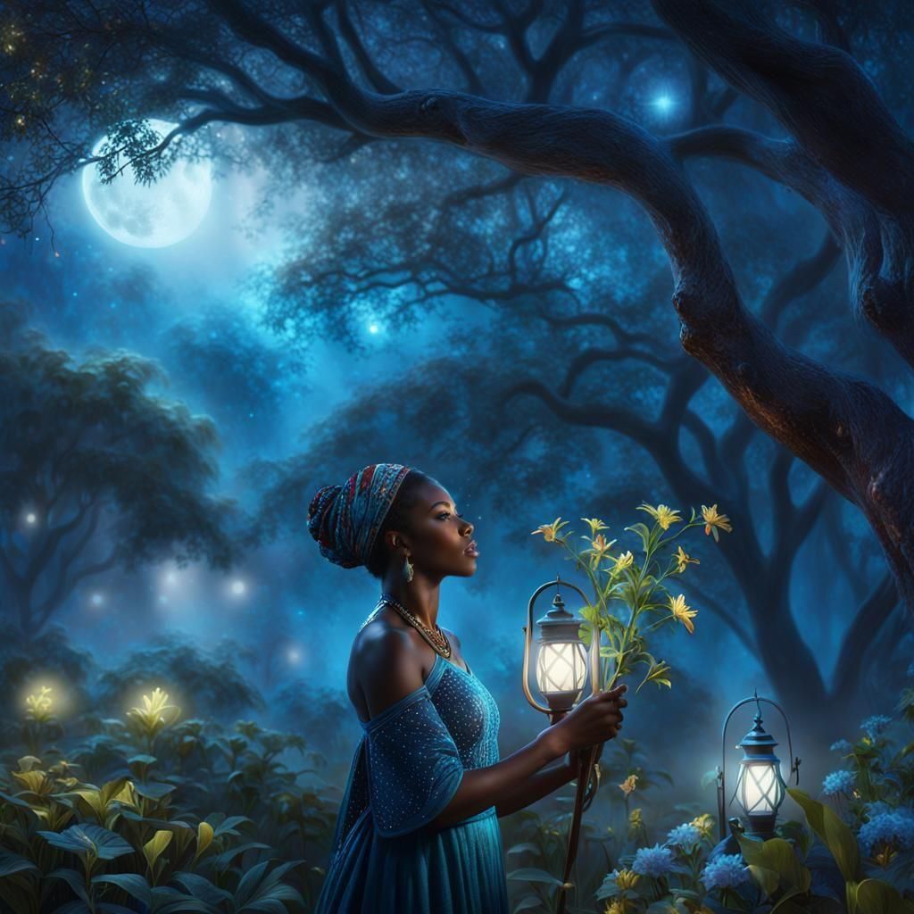 African Moonlight Gardener: Ethereal Fantasy Portrait