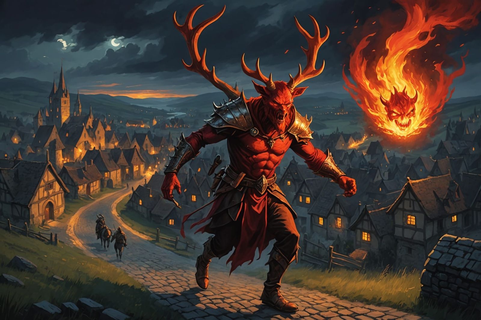 Devil Strides Towards Medieval Village at Night