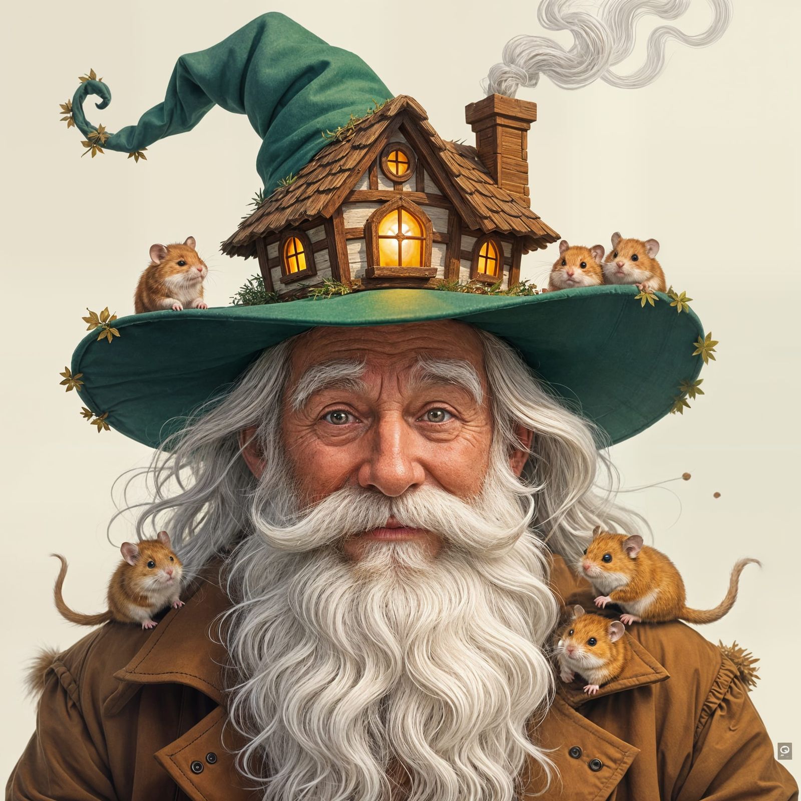 Old Man Portrait with Hamster Cottage Hat