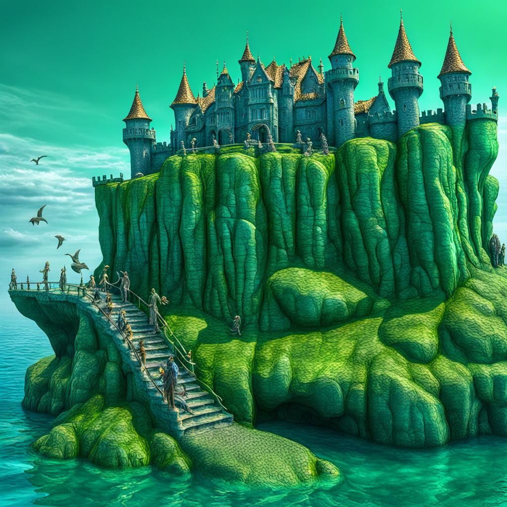 Bronze Castle on Green Rock with Mermaids