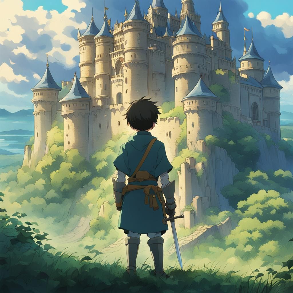 Young Knight in Anime Style Before Castle