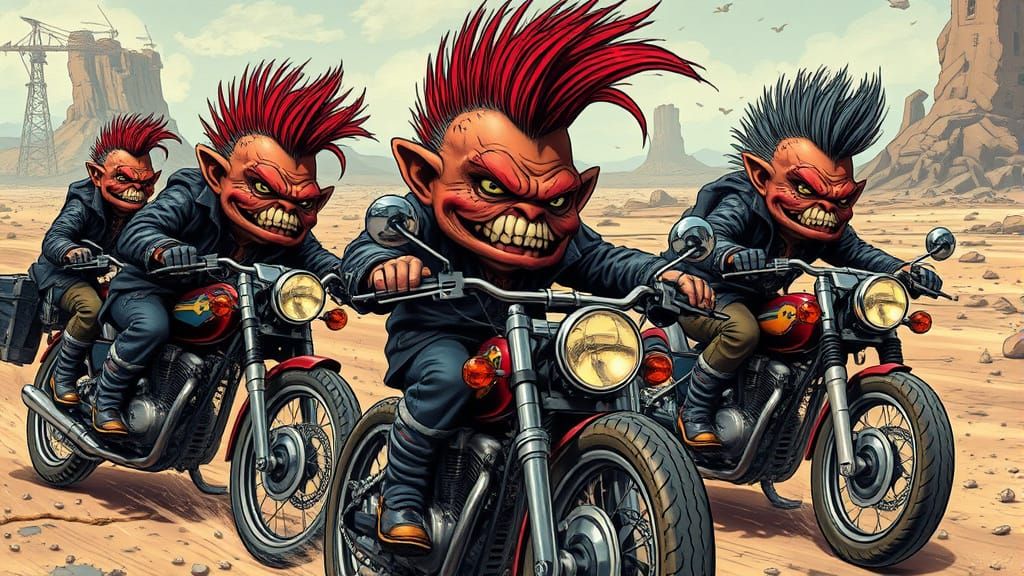 Punk Trolls on Motorbikes in Wasteland, Comic Book Style