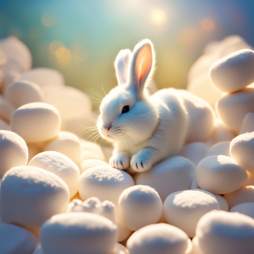 Gentle Bunny Napping on Marshmallow in Sunshine