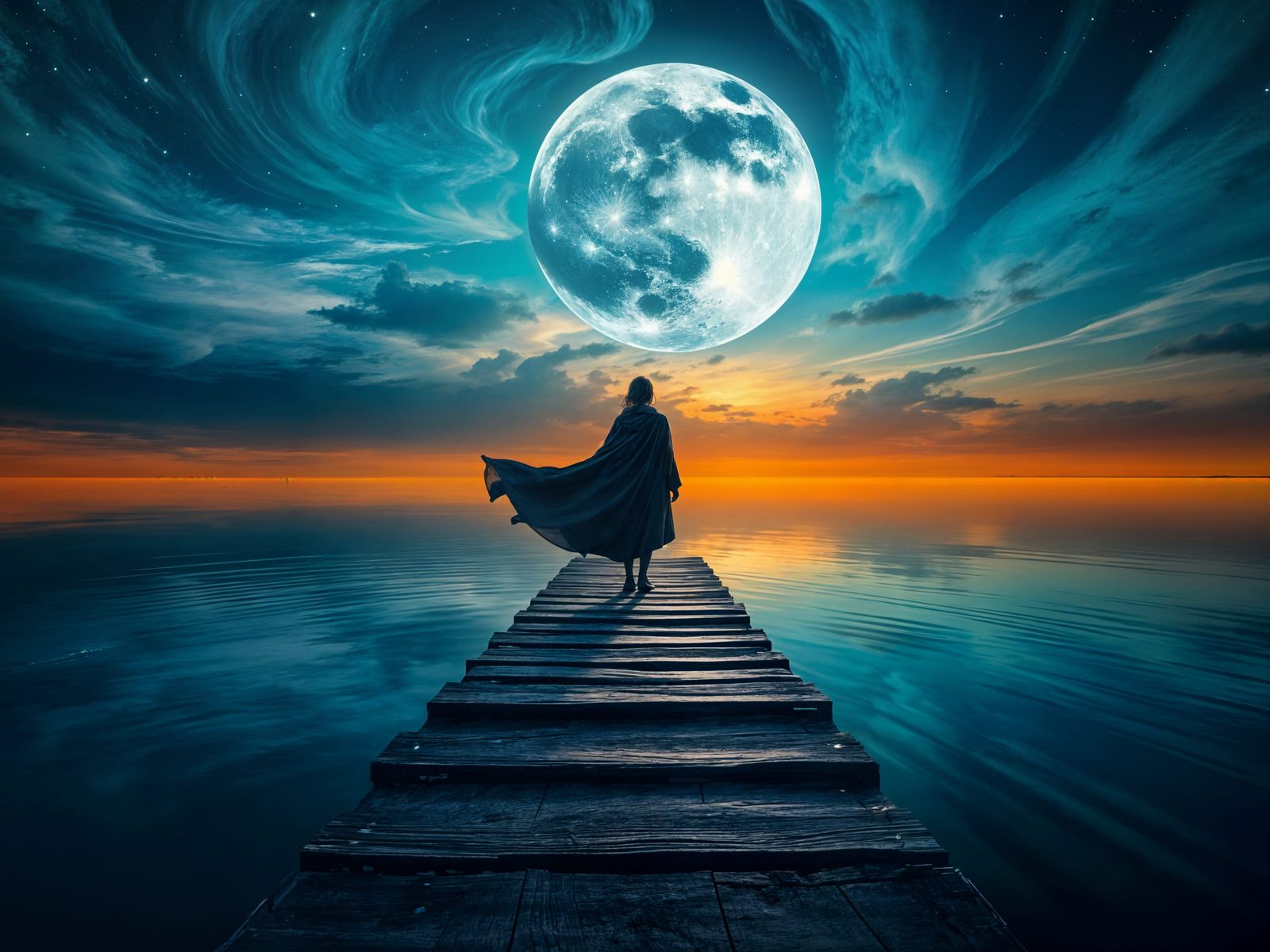 Woman on Pier Gazing at Colossal Moon as Impasto Painting