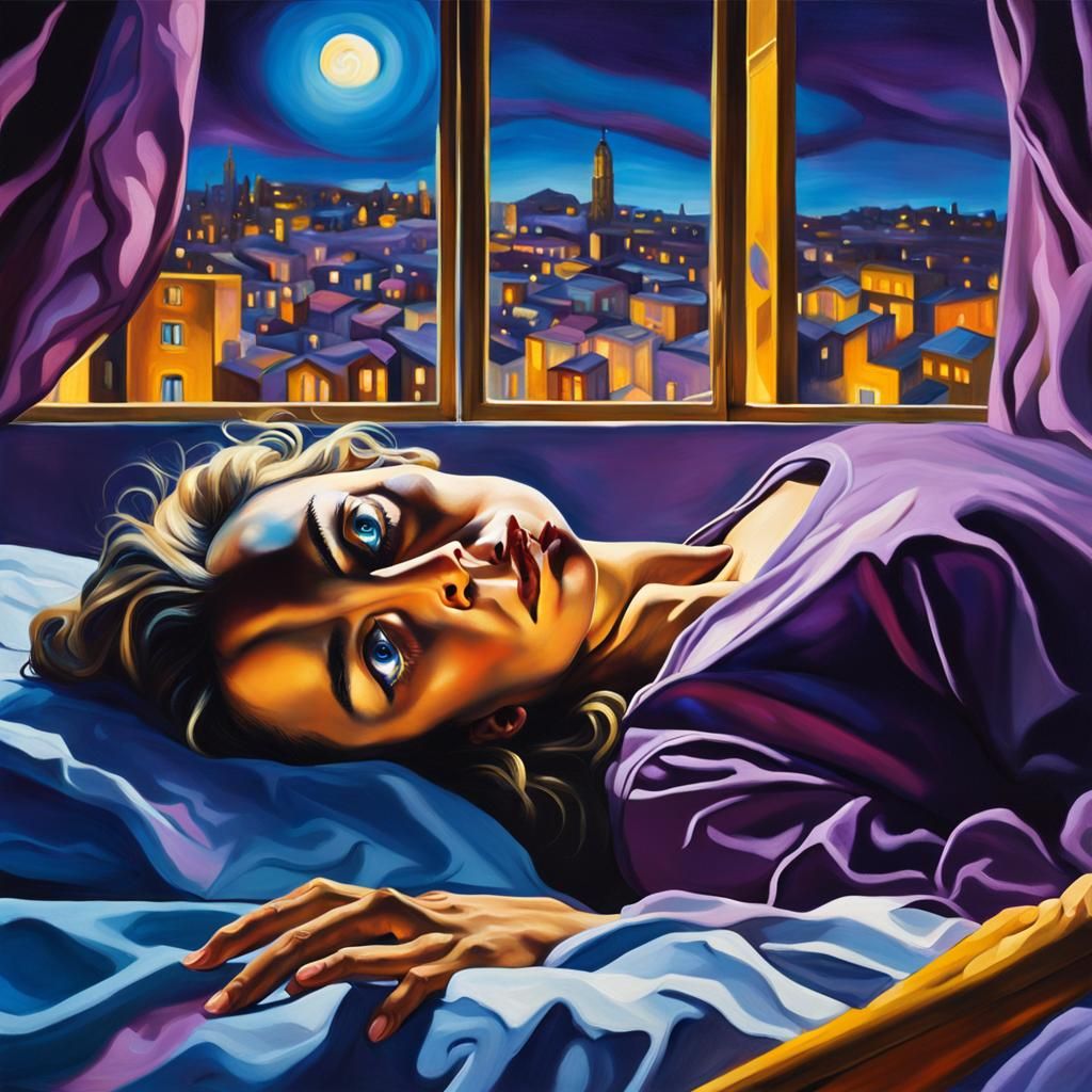 Surreal Insomnia: Dreamlike Cityscape Oil Painting