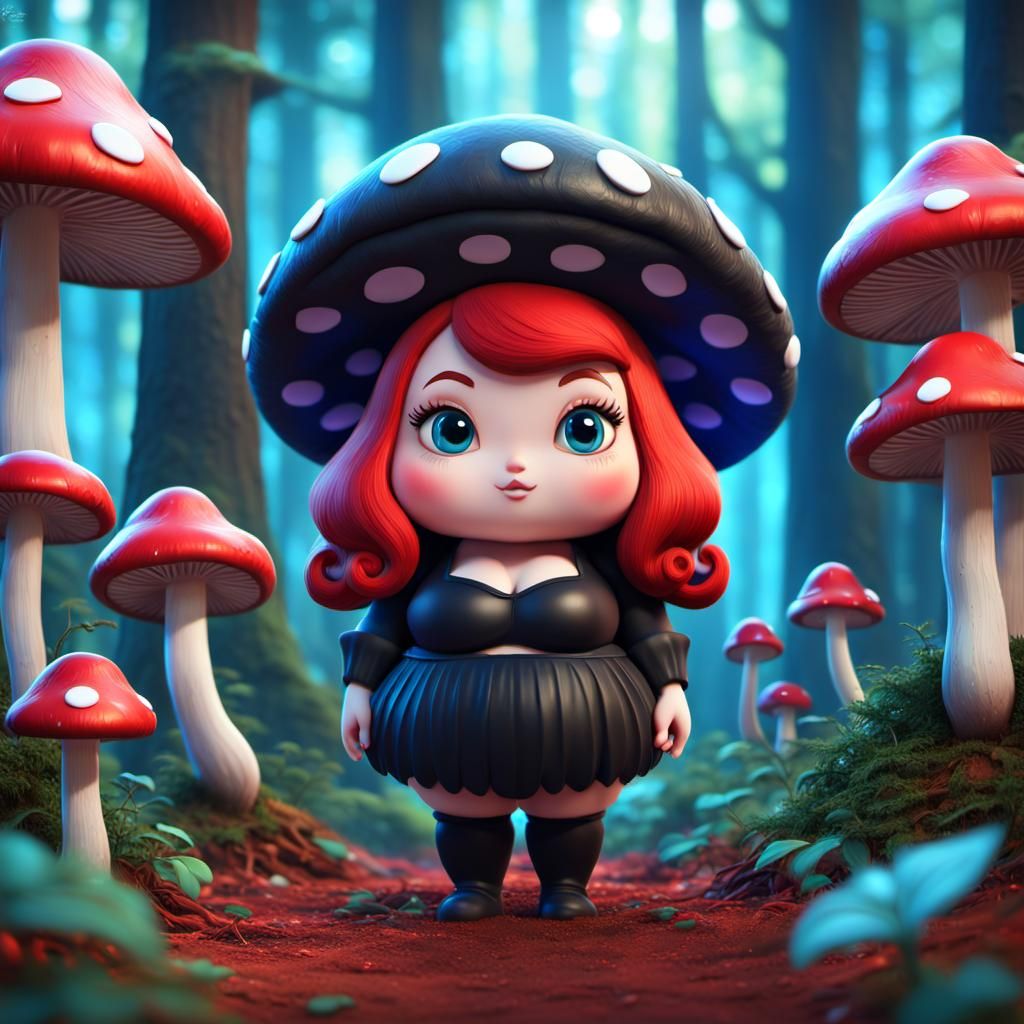 Chibi Mushroom Woman in a Magic Forest: 3D Digital Art