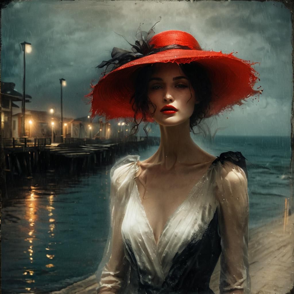 Mysterious Woman on Boardwalk in Dark Fantasy Style