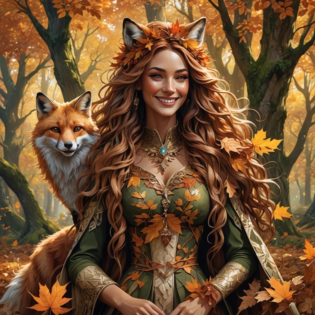 Autumn Goddess and Fox in Hyper-Realistic Style