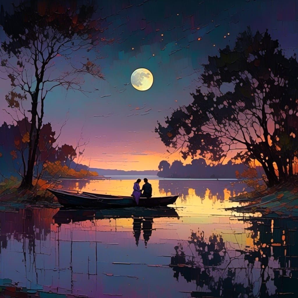 Romantic Lakeside Scene as Impasto Painting